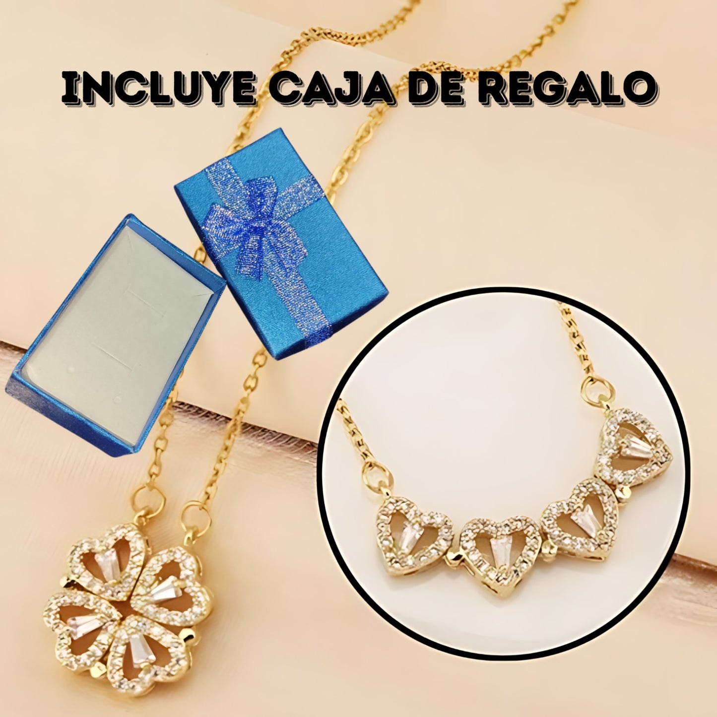 Collar Trebol / Corazones  + Hermosa Caja de lujo + E-book "Atracción del amor y la suerte" GRATIS